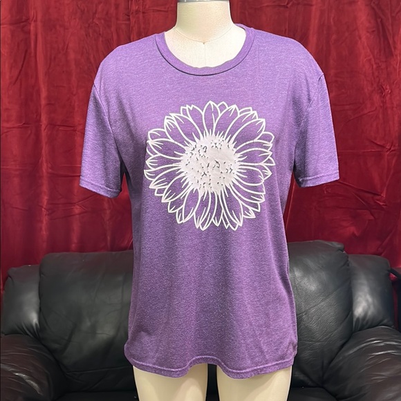 None Tops - Purple T-Shirt with White Flower Design